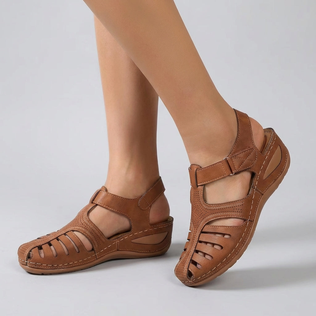 Women's Leather Wedge Sandals Perforated Ankle Strap