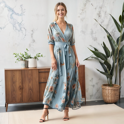 Women's Maxi Dress Wrap Style Puff Sleeves Waist Tie Belt