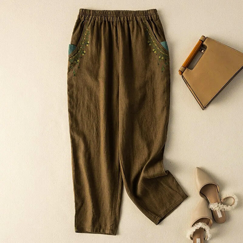 Linen Harem Pants Relaxed Fit Ankle Length Embroidered