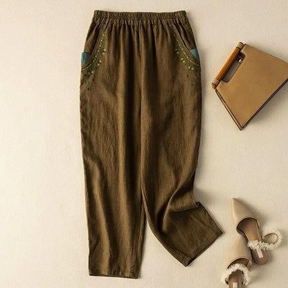 Linen Harem Pants Relaxed Fit Ankle Length Embroidered