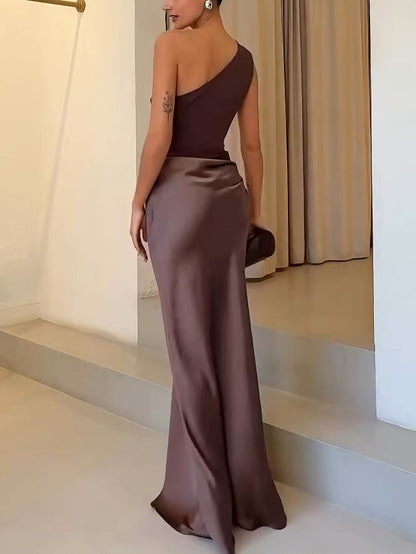 Women's Maxi Dress Pleated Satin One Shoulder