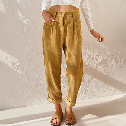 Women's High-Waisted Pleated Trousers Cuffed Hems
