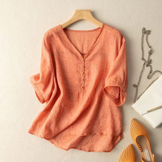 Women's Linen V-Neck Henley Blouse
