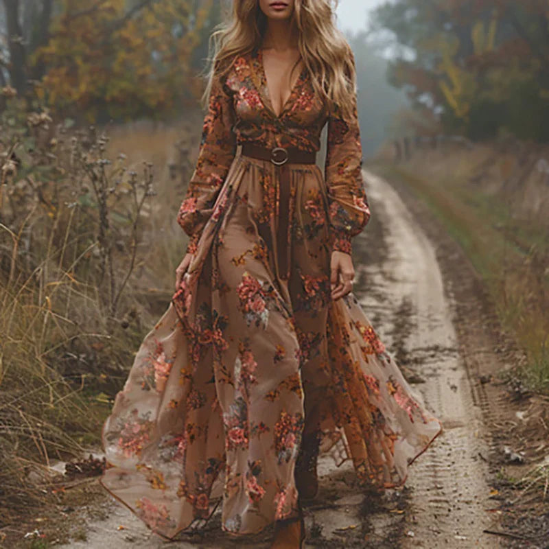 Women's Floral Maxi Dress Ruffle Collar Tie Waist