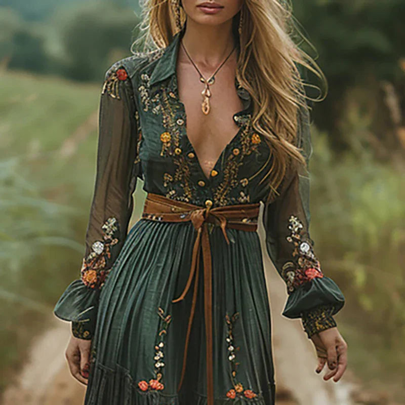 Women's Floral Maxi Dress Ruffle Collar Tie Waist