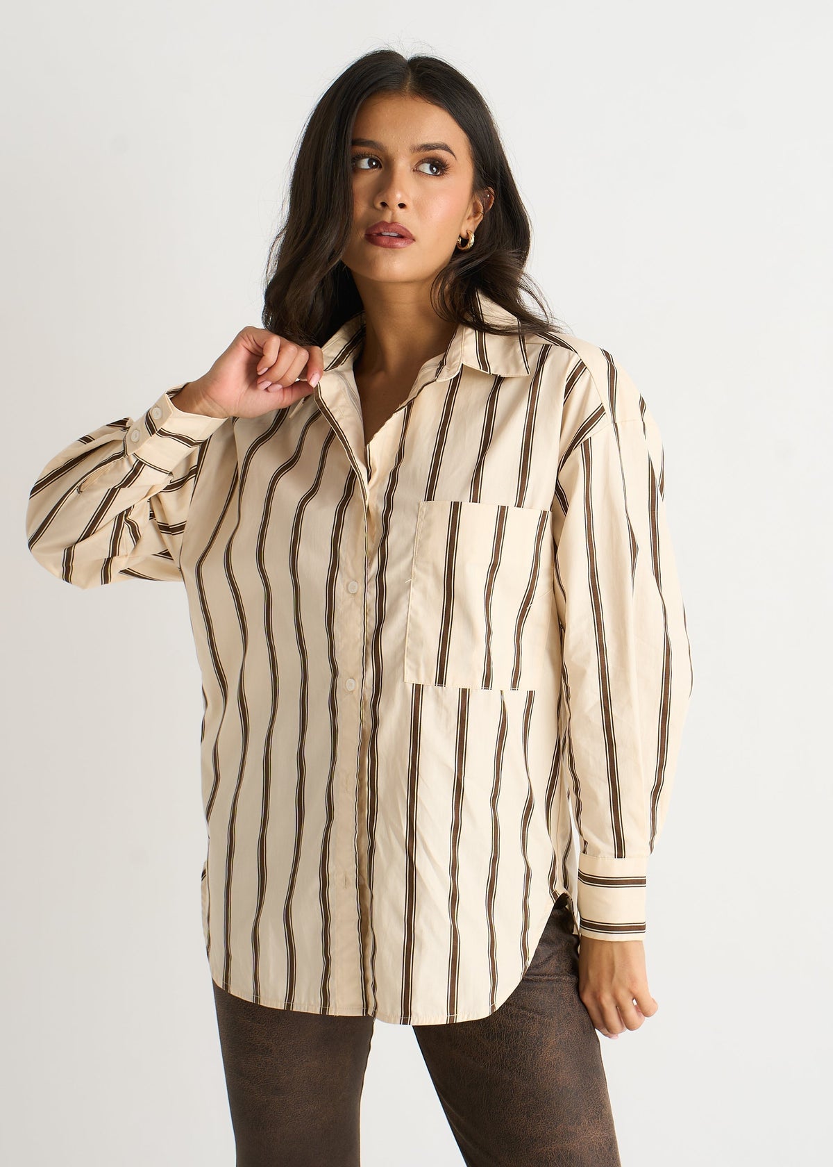 Women's Striped Button-Up Shirt Cream