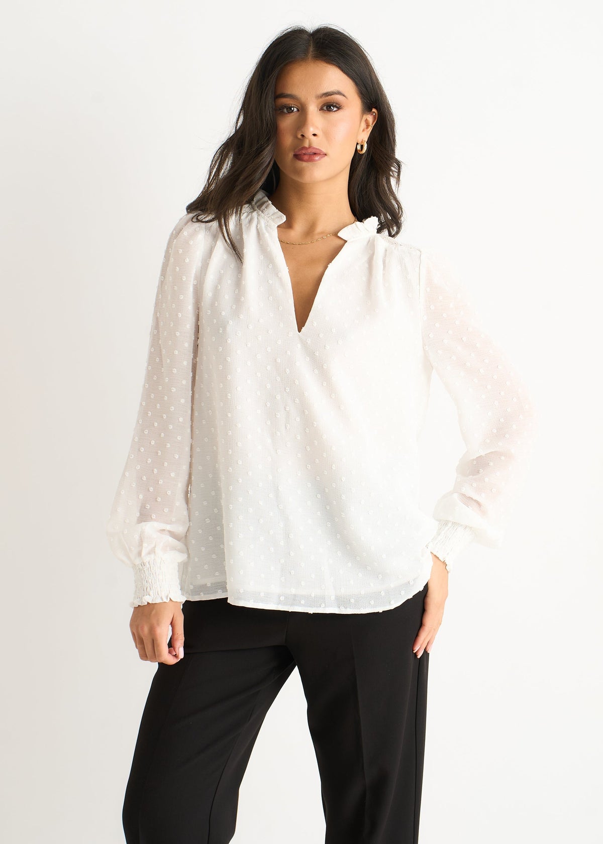 Women's White Dobby Blouse Ruffle Collar Long Sleeves