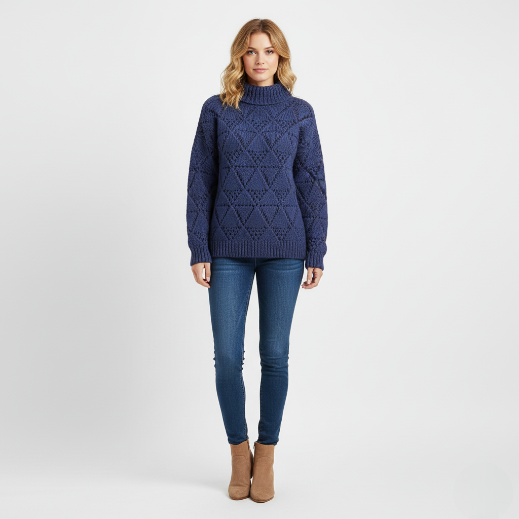 Women's Mock Neck Sweater Blue Chunky Knit