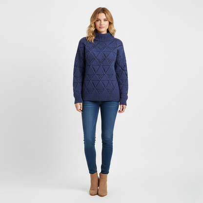 Women's Mock Neck Sweater Blue Chunky Knit