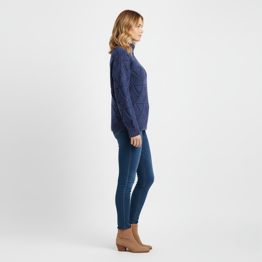 Women's Mock Neck Sweater Blue Chunky Knit