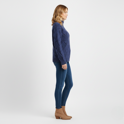 Women's Blue Chunky Knit Sweater Diamond Texture