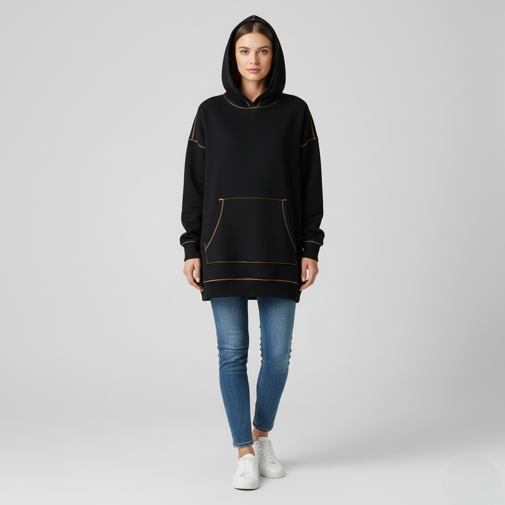 Women's Oversized Hoodie Black Cotton Contrast Stitching