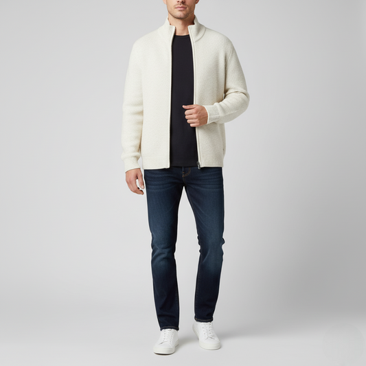 Men's Classic White Full-Zip Cardigan Sweater Ribbed Texture