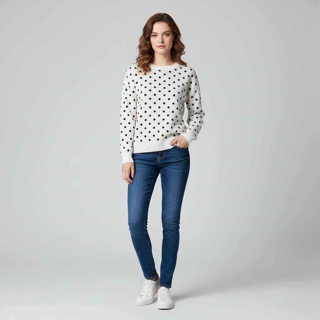 Women's Crew Neck Sweater Polka Dot White Black