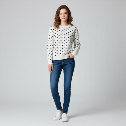 Women's Crew Neck Sweater Polka Dot White Black