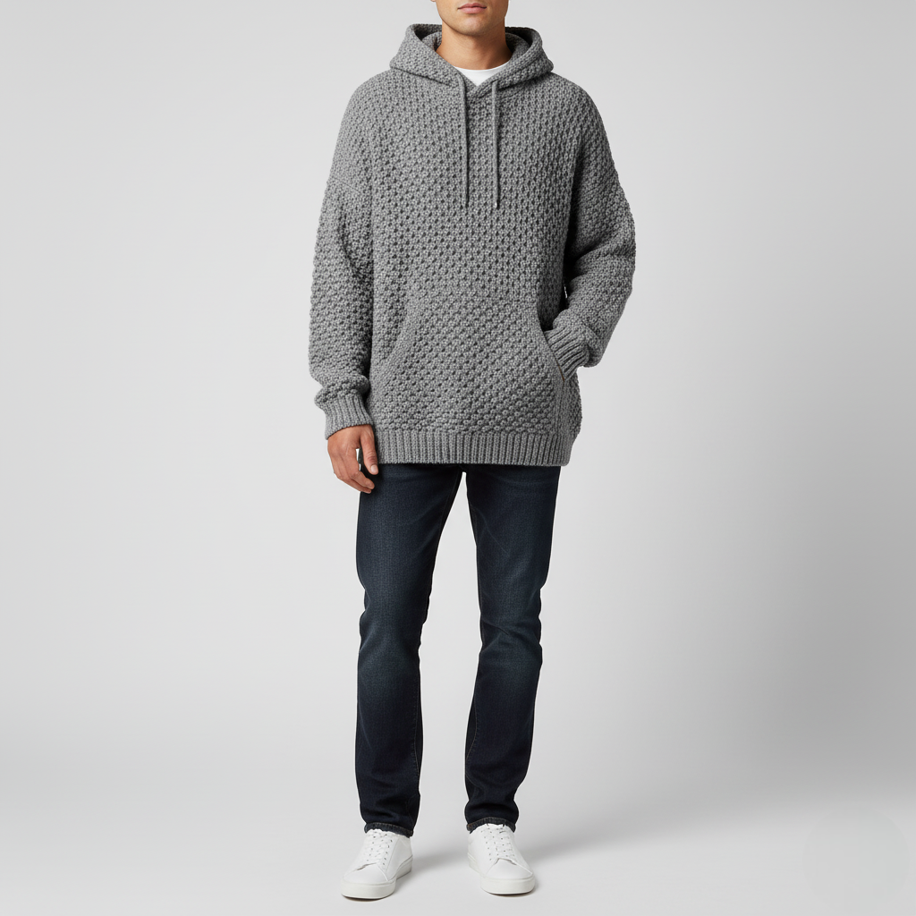 Men's Gray Textured Knit Hoodie Sweater