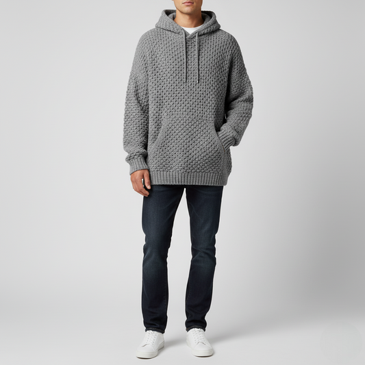 Men's Gray Textured Knit Hoodie Sweater