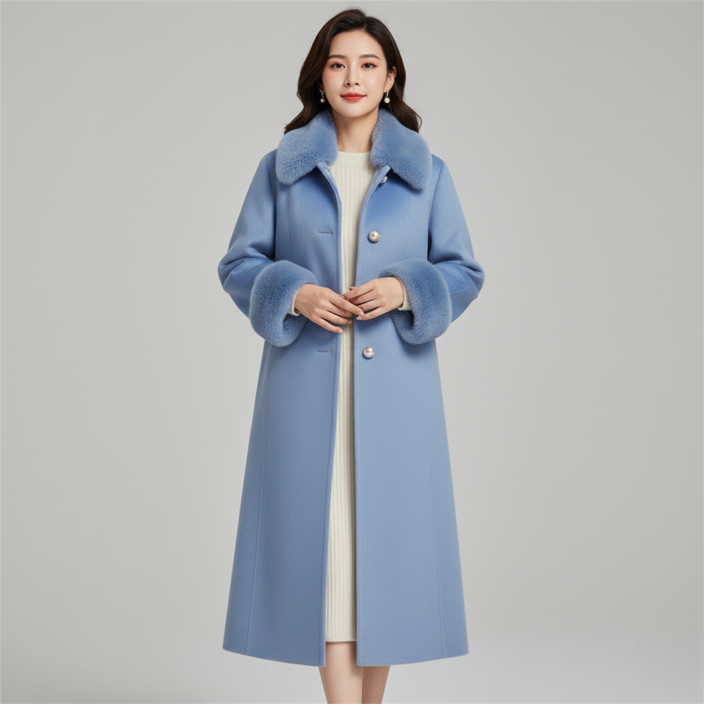 Women's Blue Wool Blend Long Winter Coat Faux Fur Collar