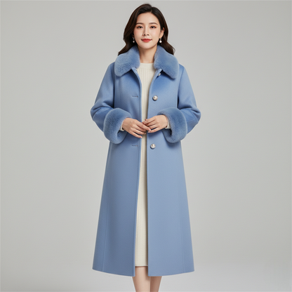 Women's Blue Wool Blend Long Winter Coat Faux Fur Collar
