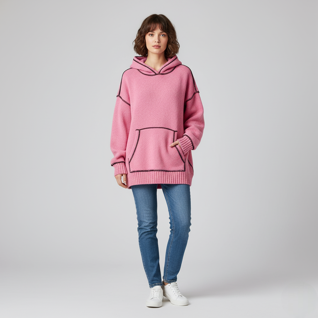 Women's Pink Knit Hoodie Contrast Stitching
