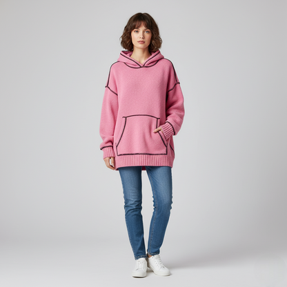 Women's Pink Knit Hoodie Contrast Stitching