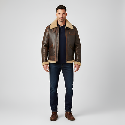 Men's Leather Aviator Jacket Shearling Faux Fur Zip Black