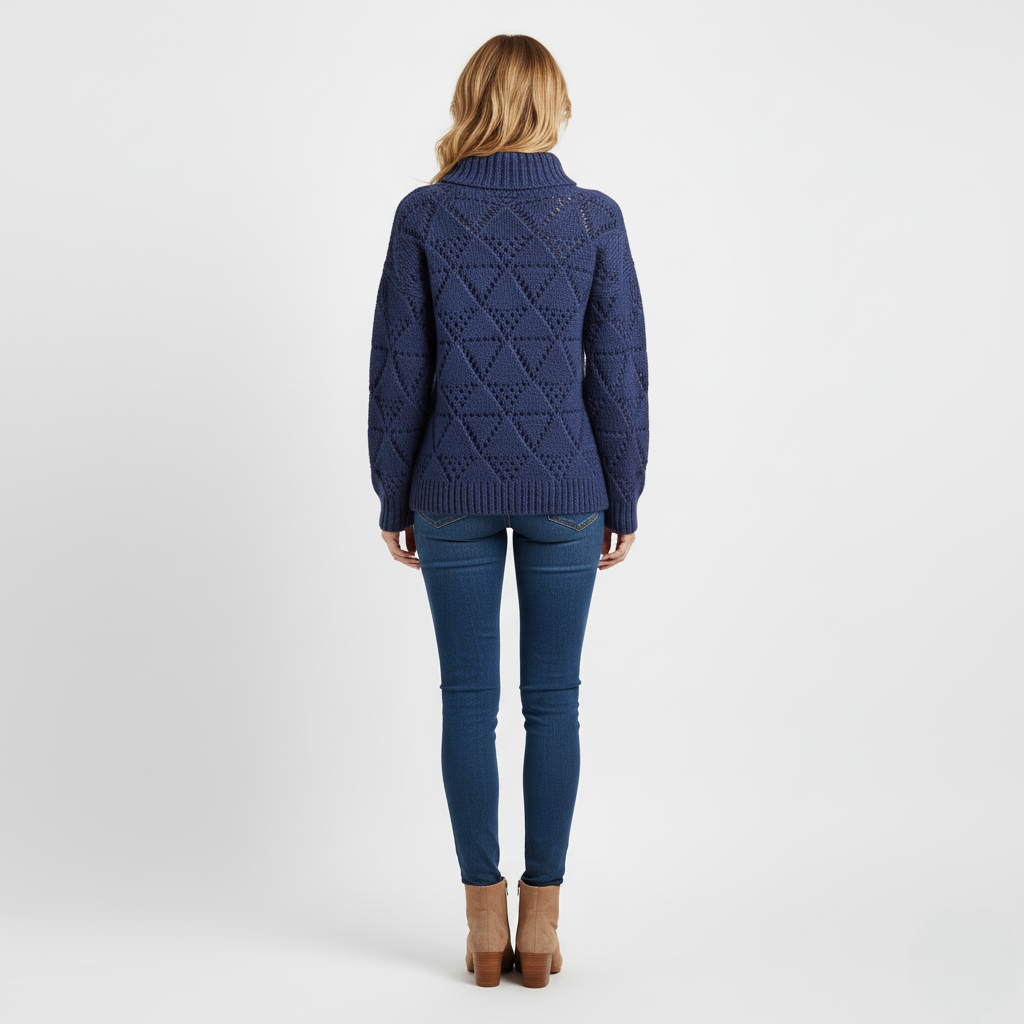 Women's Mock Neck Sweater Blue Chunky Knit