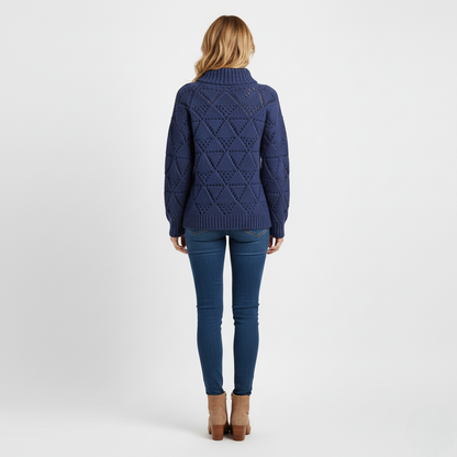 Women's Mock Neck Sweater Blue Chunky Knit