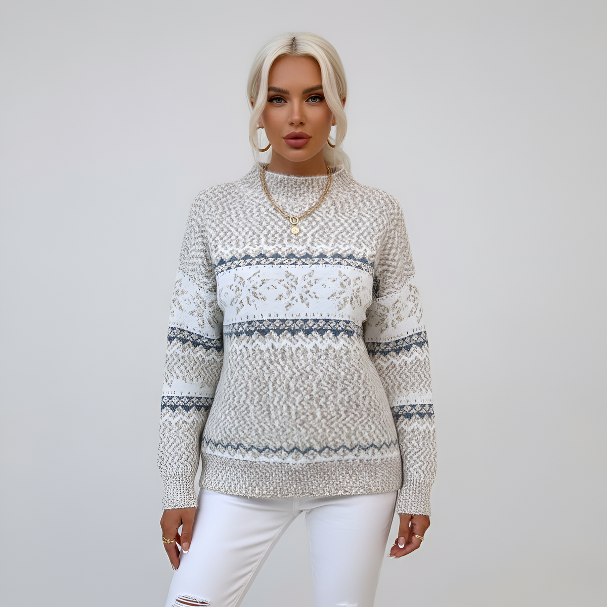 Women's Fair Isle Knit Sweater Mock Neck Long Sleeve Winter Pullover
