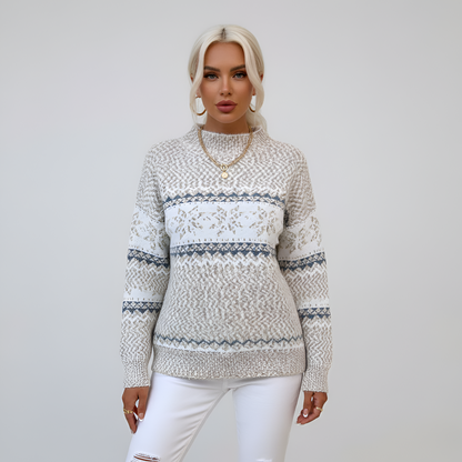 Women's Fair Isle Knit Sweater Mock Neck Long Sleeve Winter Pullover