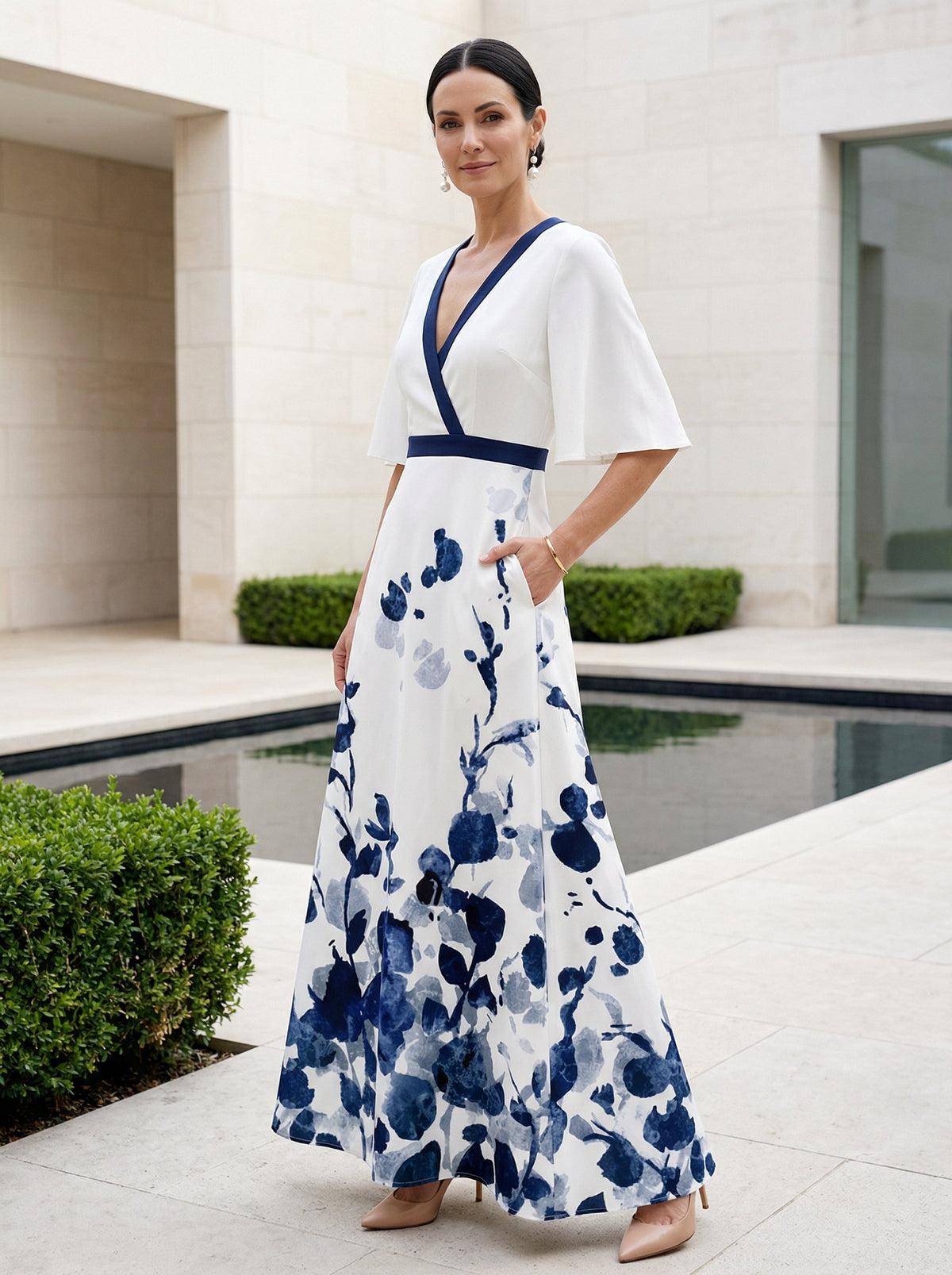 Women's Floral Maxi Dress V-Neck Flutter Sleeves