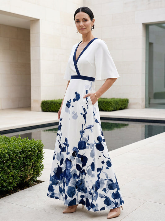 Women's Floral Maxi Dress V-Neck Flutter Sleeves
