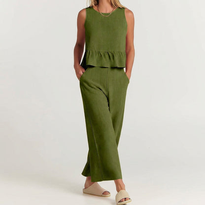 Women's Linen Peplum And Wide Leg Pants Set