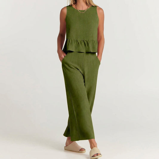 Women's Linen Peplum And Wide Leg Pants Set