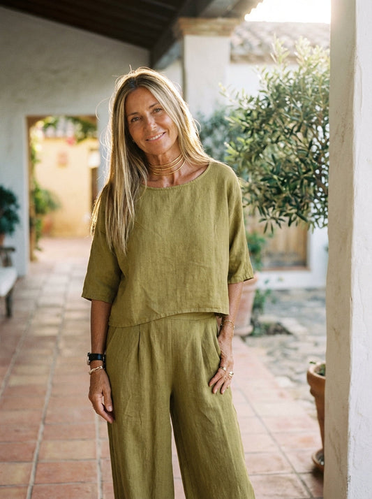 Women's Relaxed Two-Piece Linen Wide-Leg Pants Set