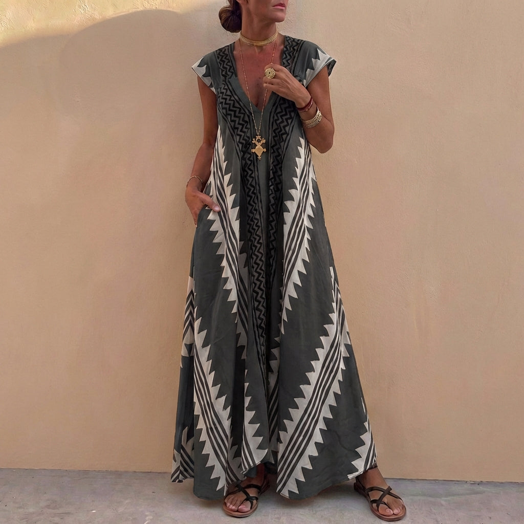 Bohemian A-Line Maxi Dress V-Neck Geometric Print