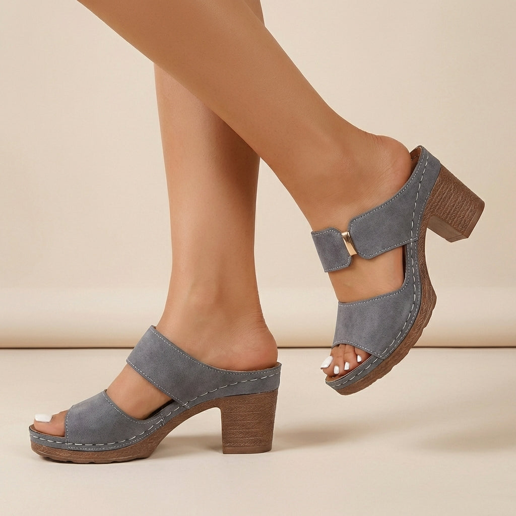 Women's Quilted Slide Sandals Block Heel Metallic Accent