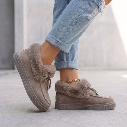 Women's Ankle Boots Faux Fur Trim Moccasin Detail Brown