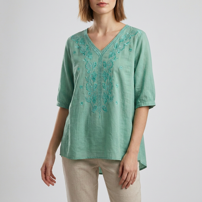 Women's Relaxed Fit V-Neck Blouse Embroidered Floral White