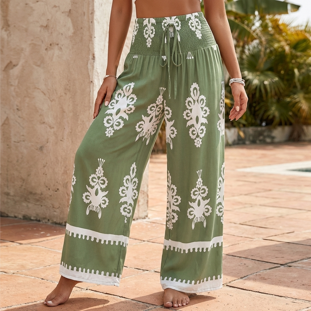 Wide Leg Boho Pants Flowing Gathered Waist Decorative Hem