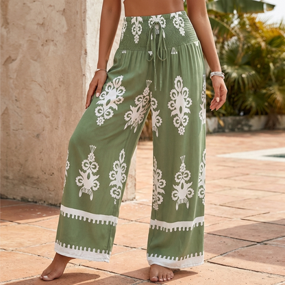 Wide Leg Boho Pants Flowing Gathered Waist Decorative Hem
