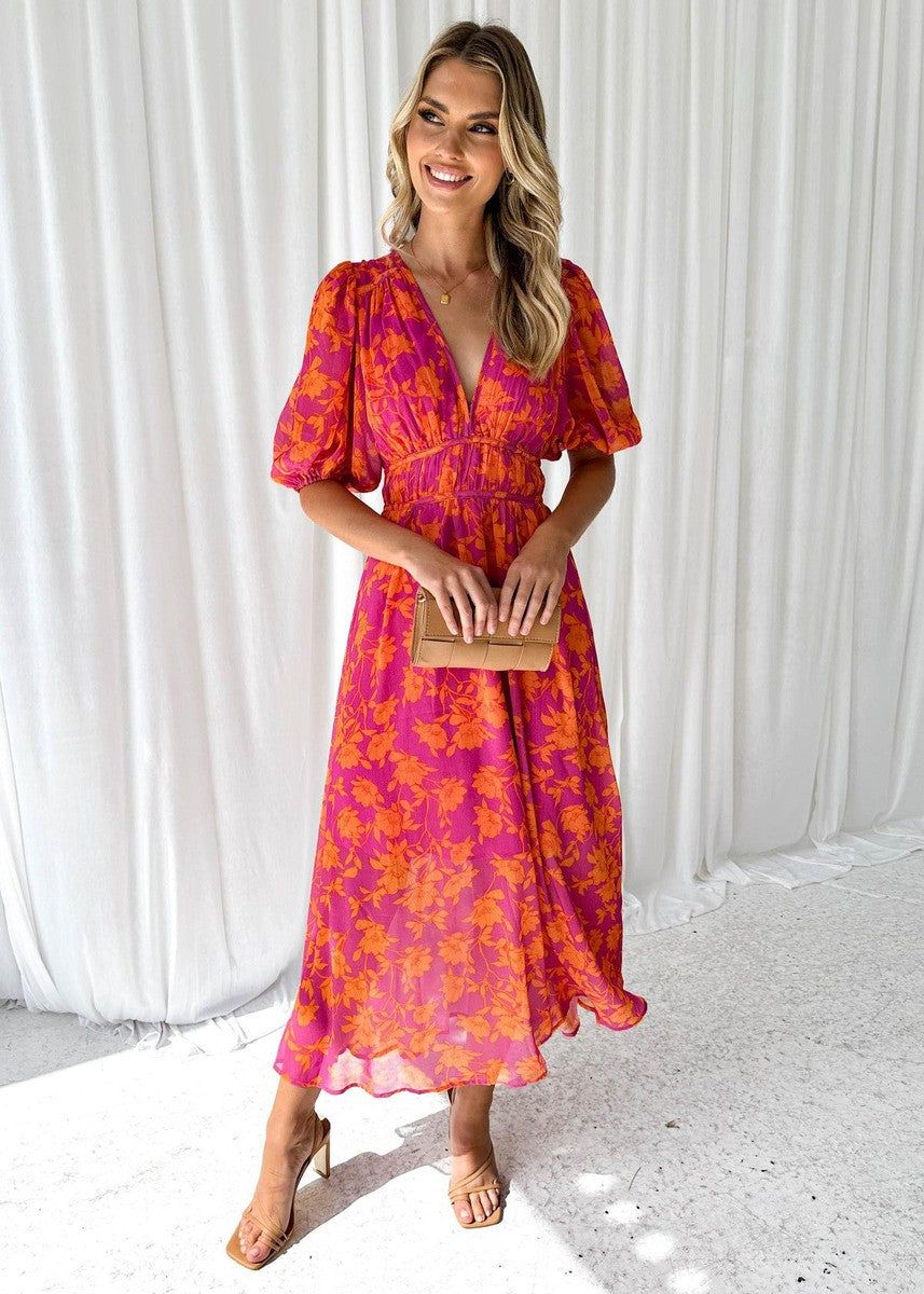 Women's Floral Midi Dress Puff Sleeves V-Neck
