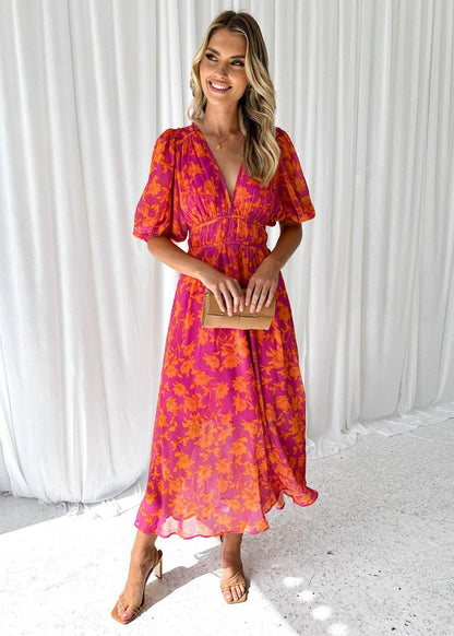 Women's Floral Midi Dress Puff Sleeves V-Neck