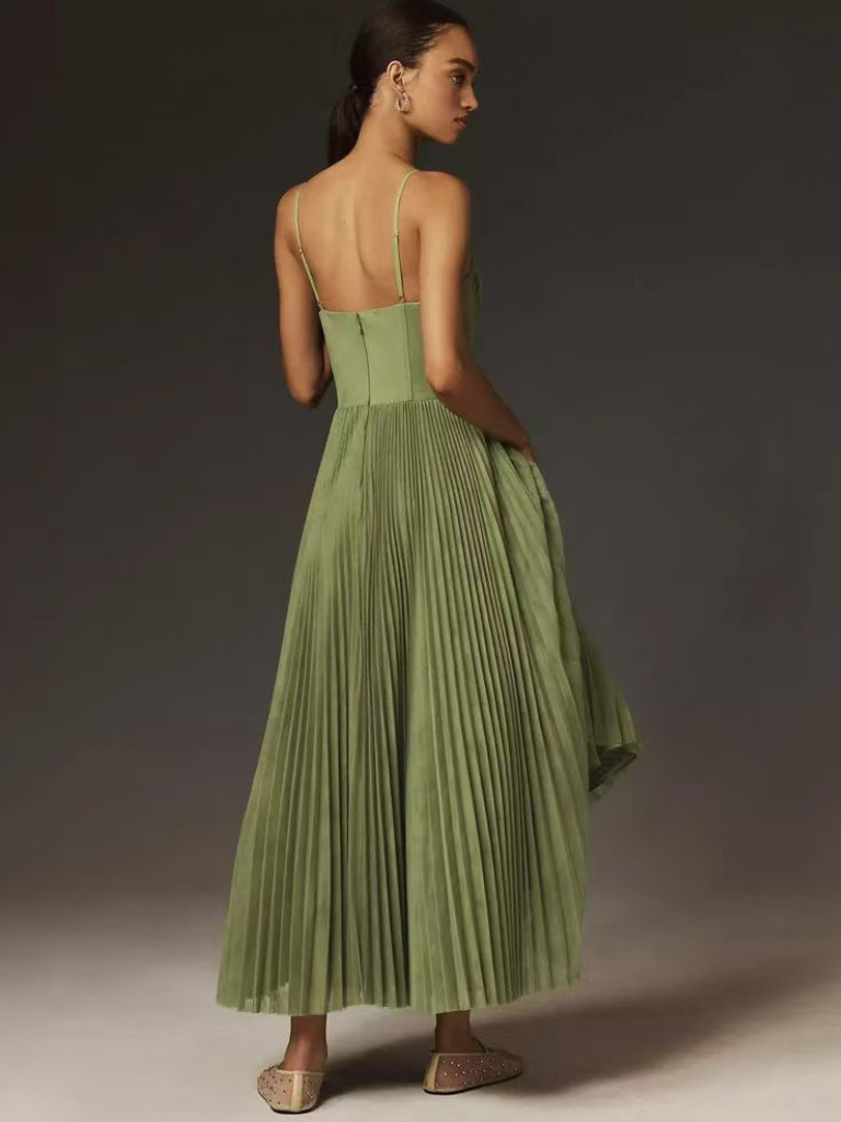 Women's Pleated Maxi Dress Strappy Skirt