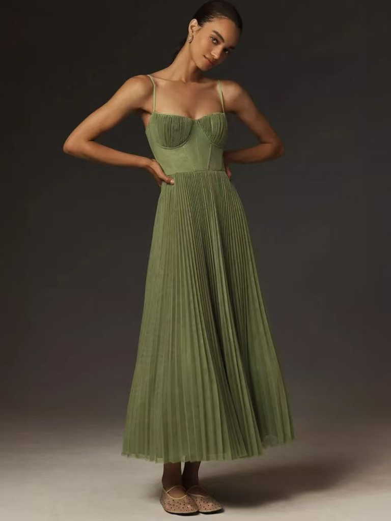 Women's Pleated Maxi Dress Strappy Skirt