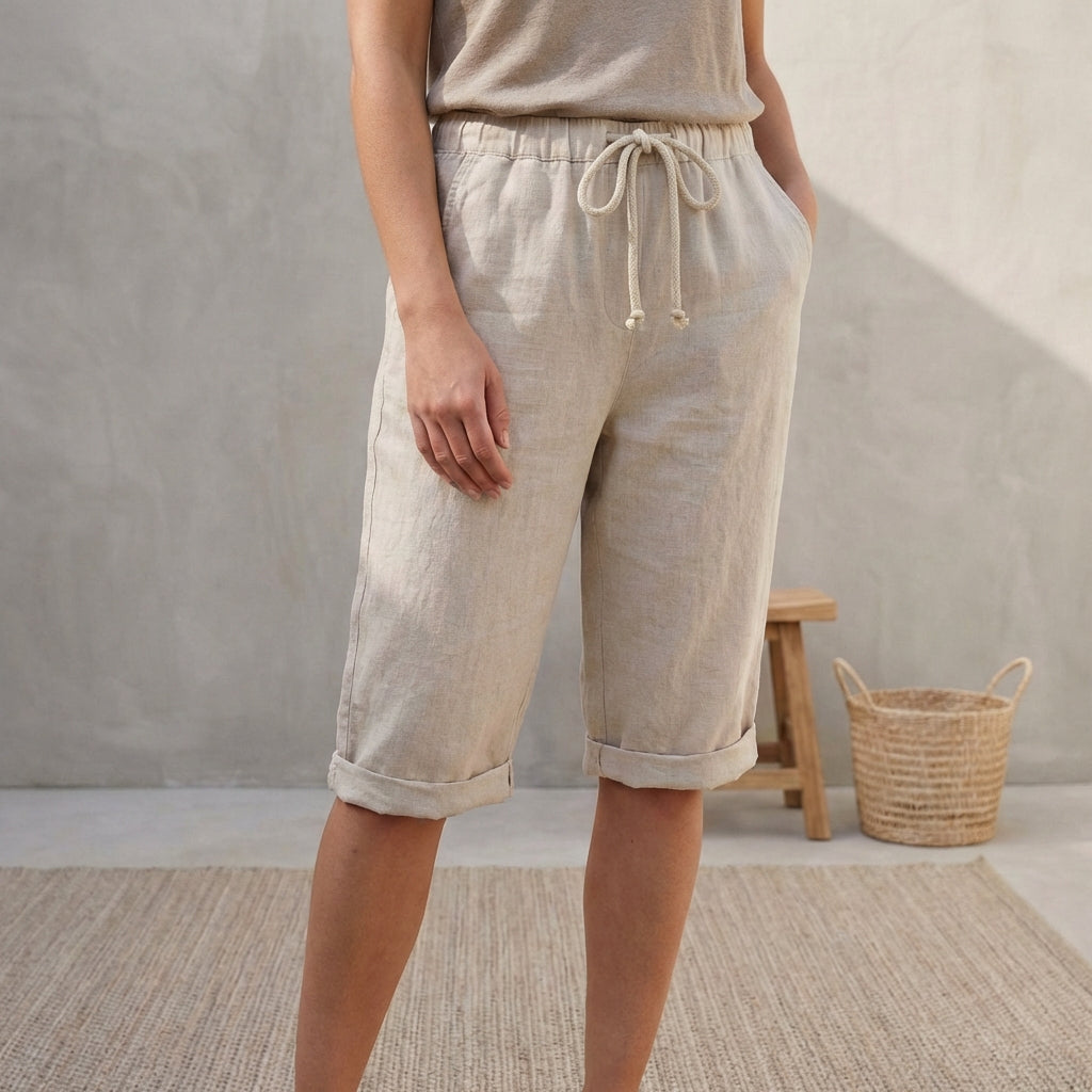 Linen Capri Pants Relaxed Fit Drawstring Waist Cuffed Hem