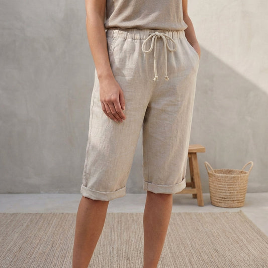 Linen Capri Pants Relaxed Fit Drawstring Waist Cuffed Hem