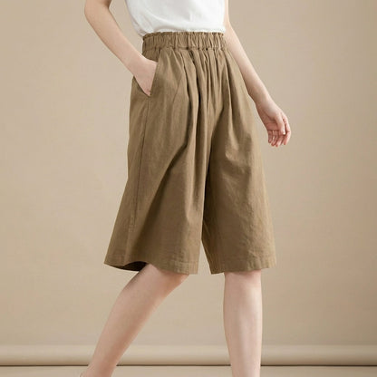 Women's Relaxed Fit Wide Leg Shorts Cotton Elastic Waist Pockets