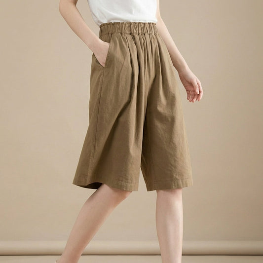 Women's Relaxed Fit Wide Leg Shorts Cotton Elastic Waist Pockets