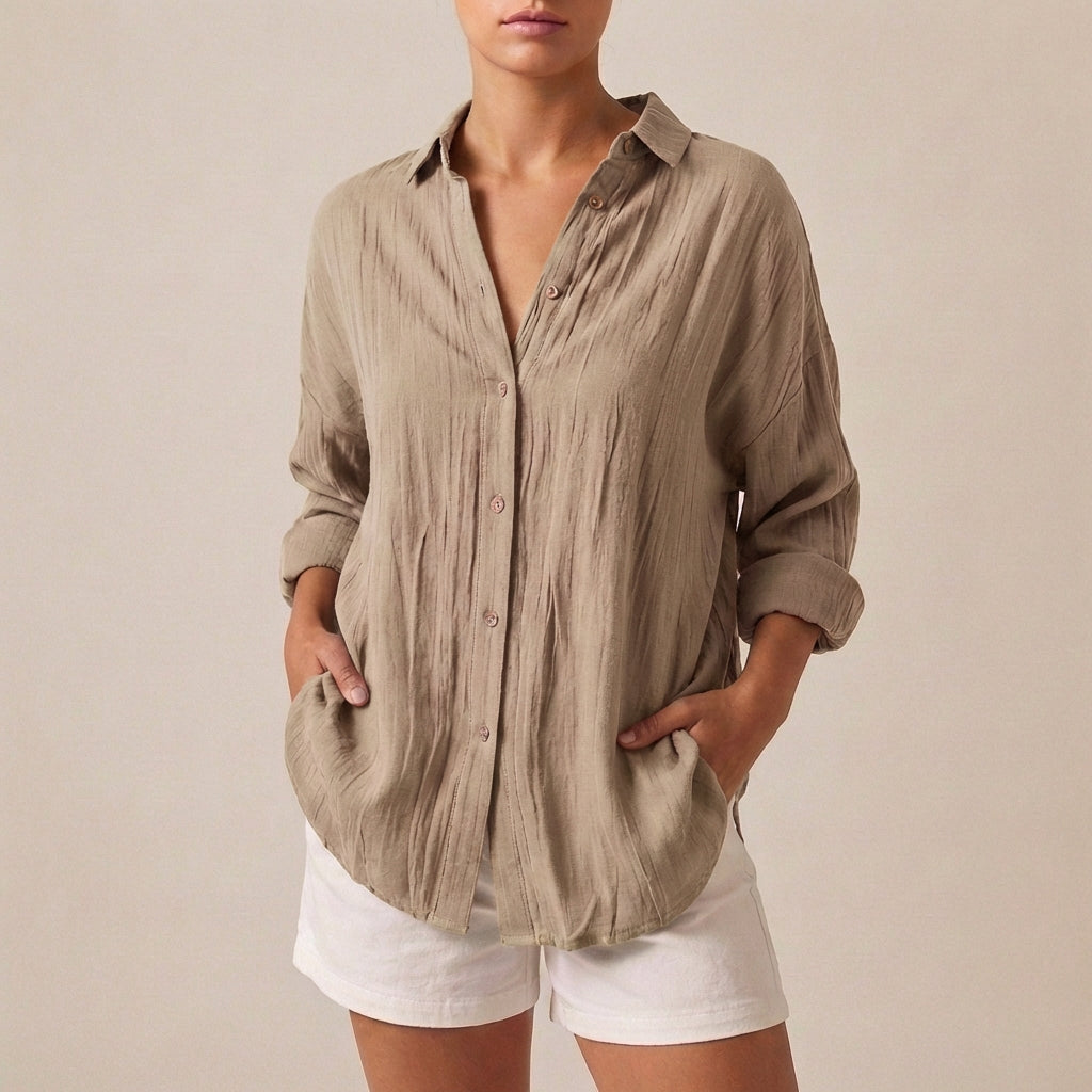 Linen Longline Shirt Relaxed Fit Pleated Button Up